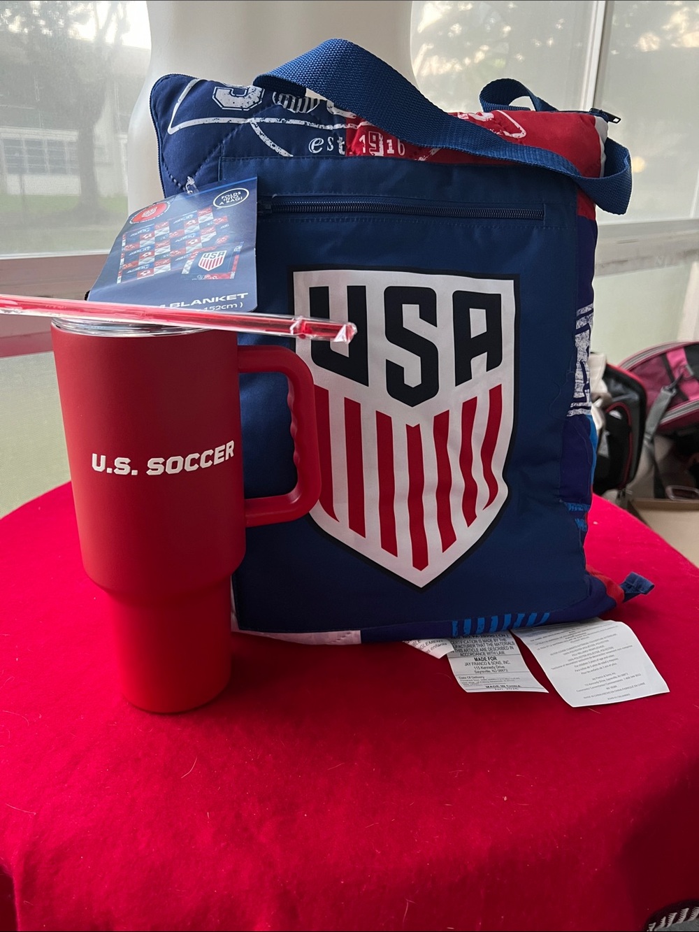 USA Soccer Blue Shield Tote Bag with Red Travel Mug